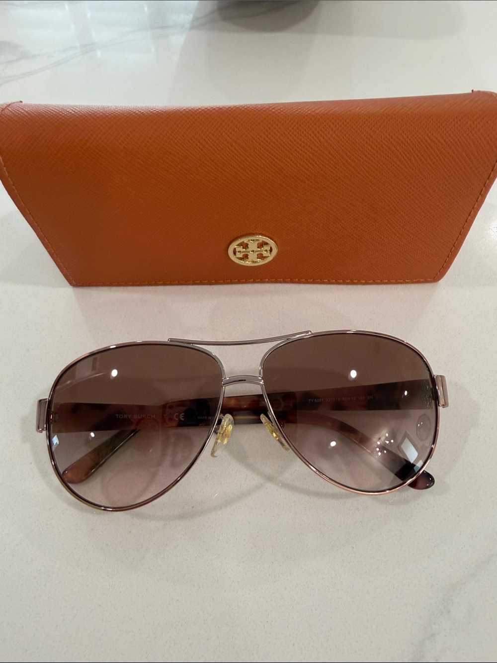 Tory Burch Rose Gold Trim Aviator Sunglasses w/ Orange Continental Case